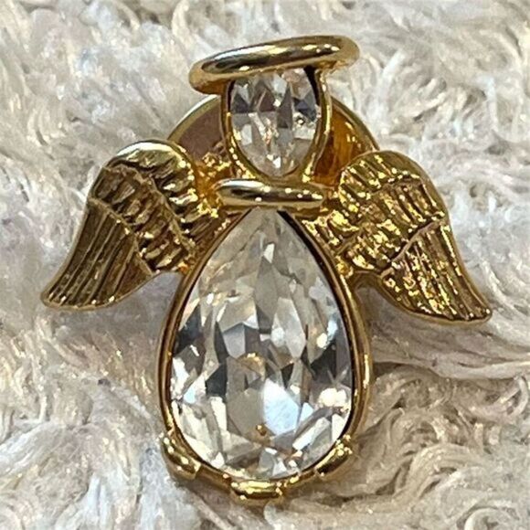 Vintage Barbara Mandrell Gold-Toned Angel Pin with Clear Rhinestones - Picture 1 of 11